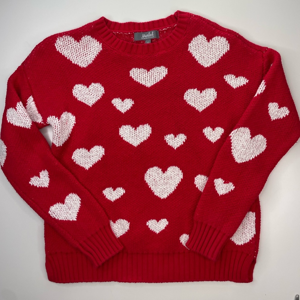 Marled Red Sweater with‎ White Heart Design Valentines Day Sweater XS